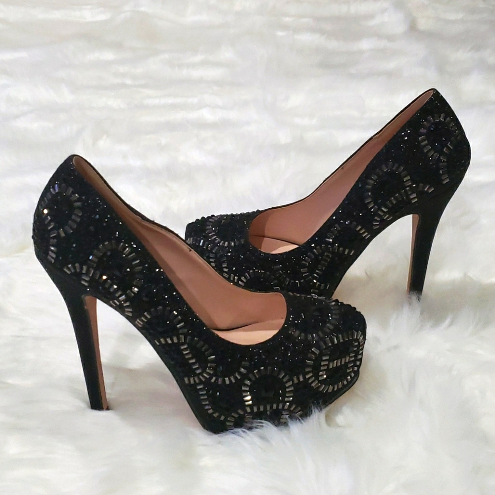 Black & Silver Sequin & Stone Platform Pumps Heels